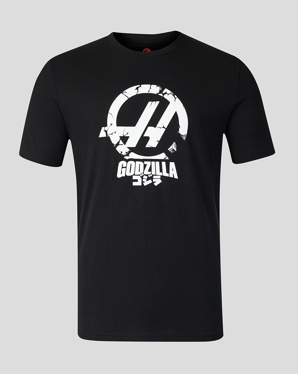 Black T shirt with cracked white Godzilla emblem and Japanese text beneath.