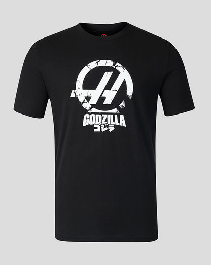 Black T shirt with cracked white Godzilla emblem and Japanese text beneath.