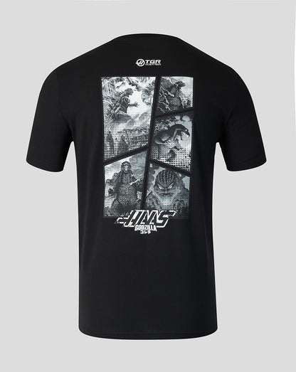 Back view of black unisex Godzilla Tokyo Haas T shirt featuring a grayscale panel collage across the back
