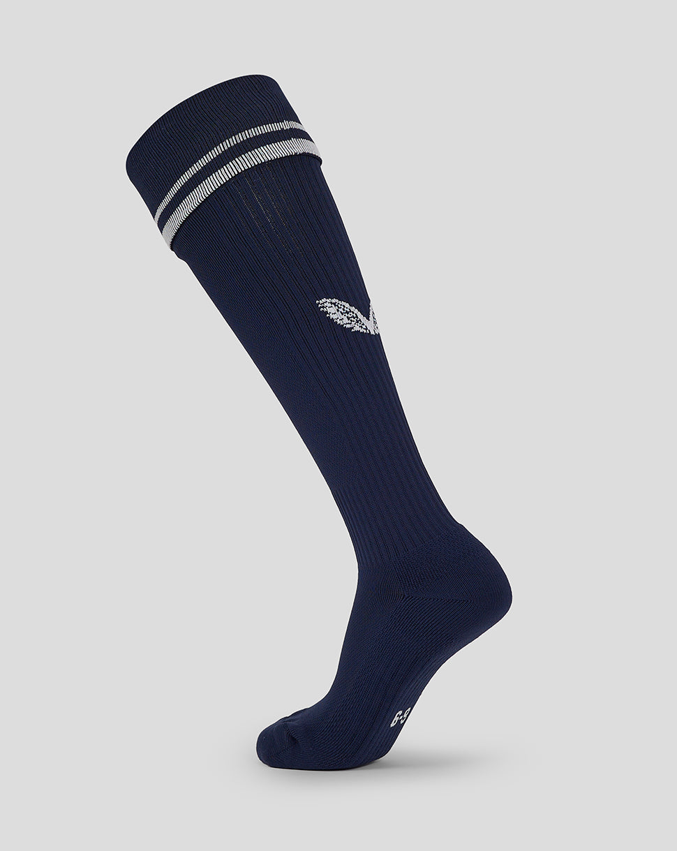 Navy football sock with white stripes at the cuff and small white logo on the leg