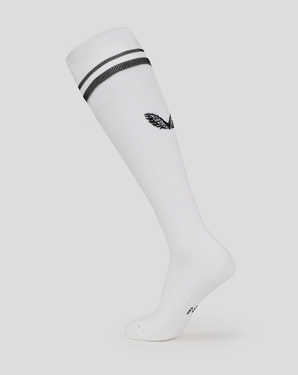 White knee-high football sock with two black stripes at the cuff.