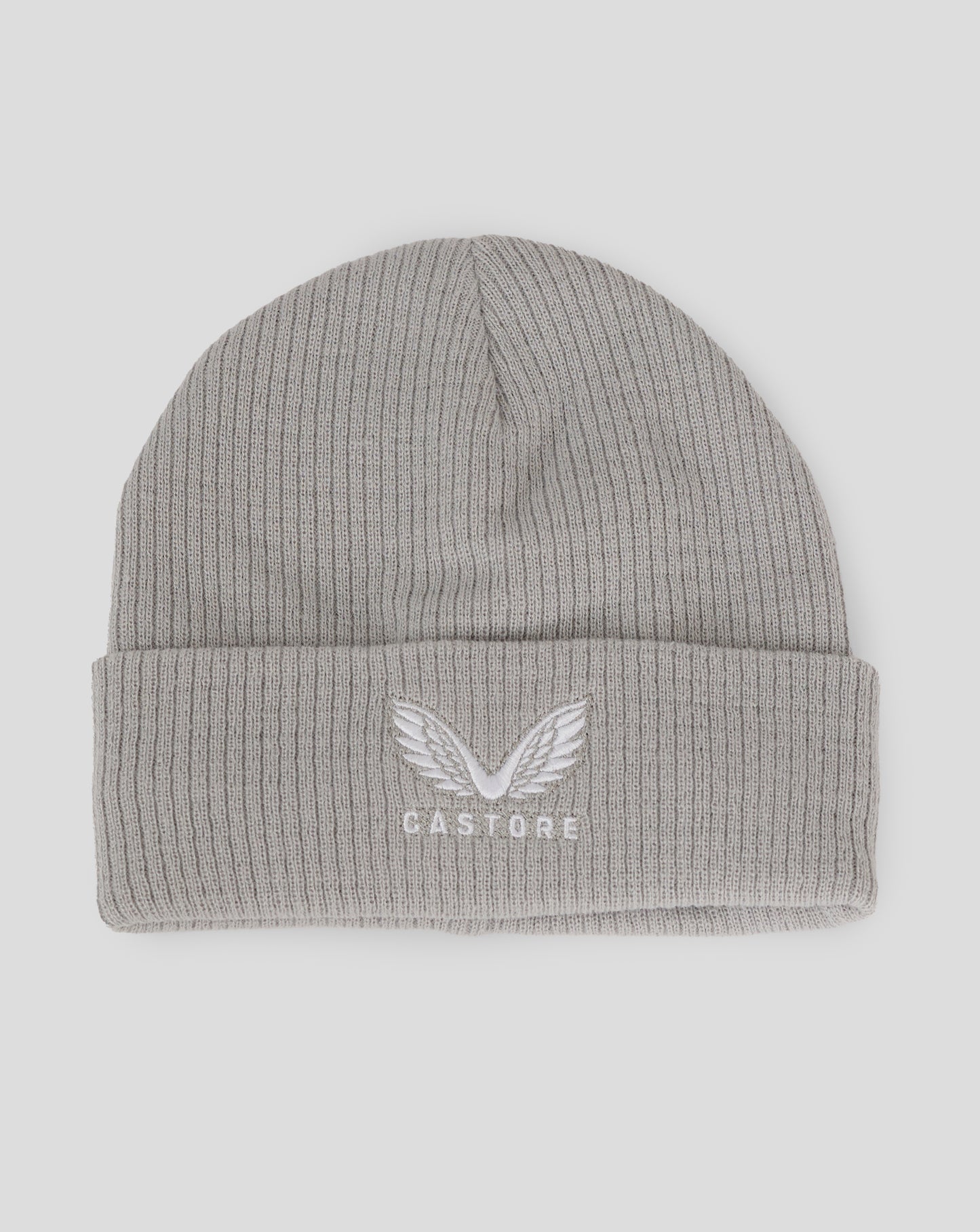 Light grey ribbed knit beanie with folded cuff and white wing embroidery and Castore logo.
