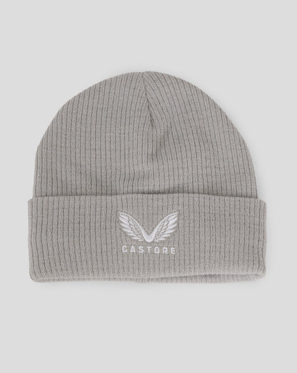Light grey ribbed knit beanie with folded cuff and white wing embroidery and Castore logo.