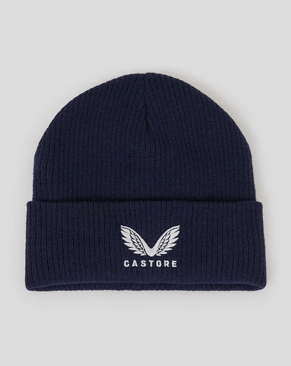 Peacoat blue ribbed knit beanie with fleece lining and Castore logo embroidery.