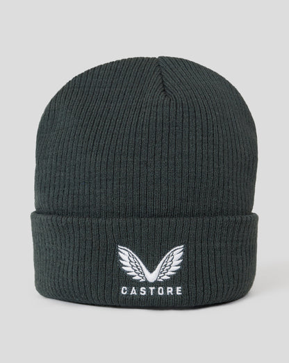 Dark slate ribbed knit beanie with folded cuff and embroidered Castore logo