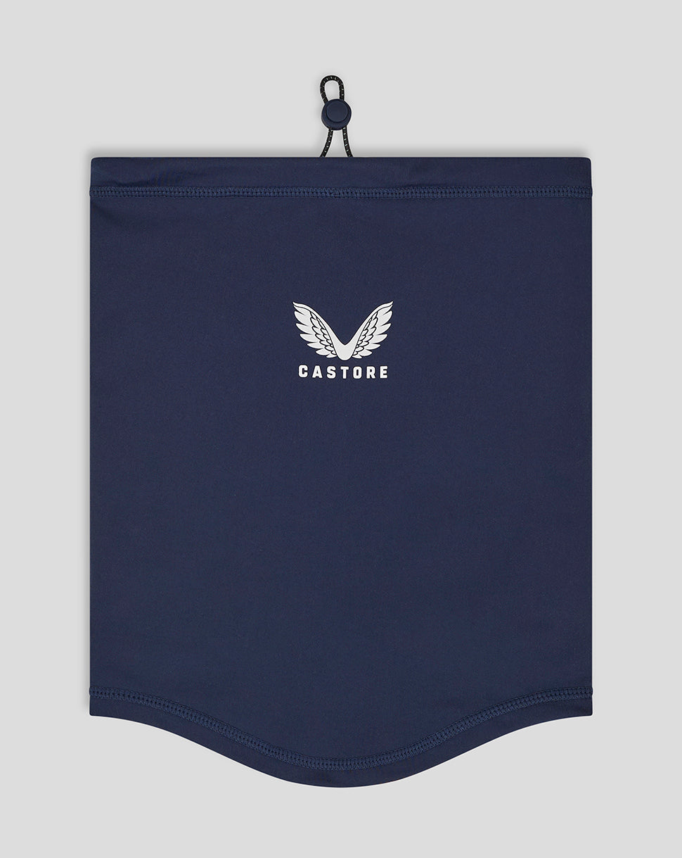 Peacoat colored performance snood with drawstring toggle and Castore logo