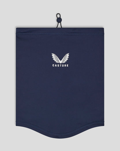 Peacoat colored performance snood with drawstring toggle and Castore logo