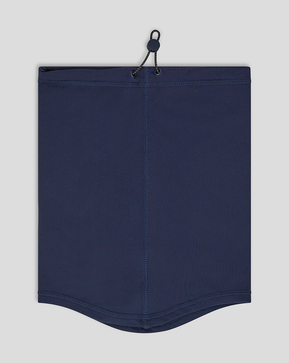 Navy performance snood with elastic drawcord and toggle and curved hem edge