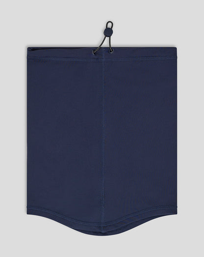 Navy performance snood with elastic drawcord and toggle and curved hem edge