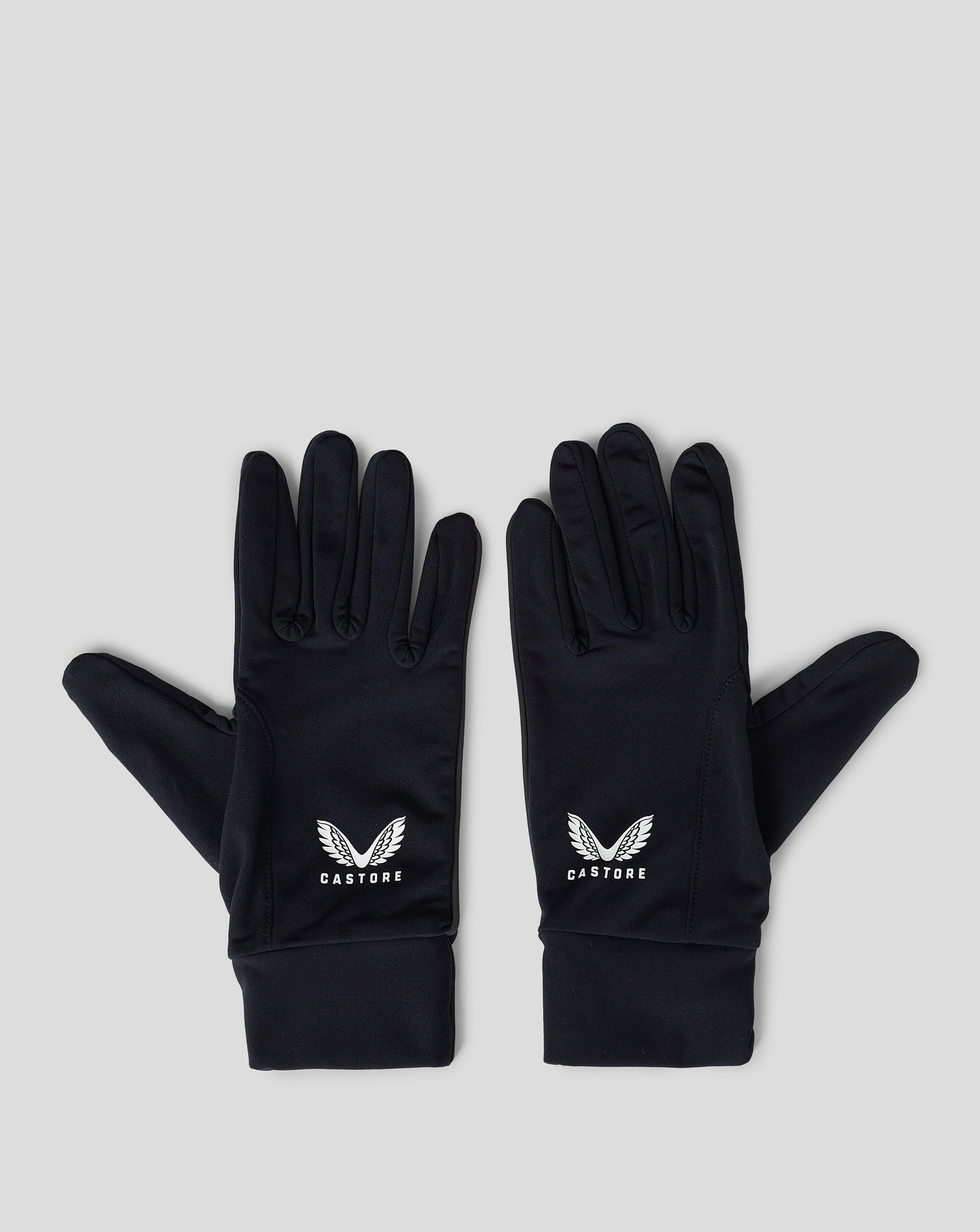 Pair of black performance gloves with folded cuffs touchscreen fingertips and reflective detail on the back