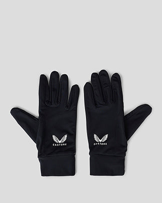Pair of black unisex gloves with white logo on the back.