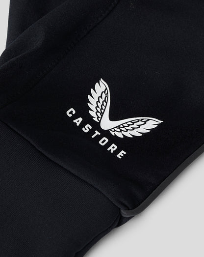Close up of black glove material showing a white wing logo on fabric