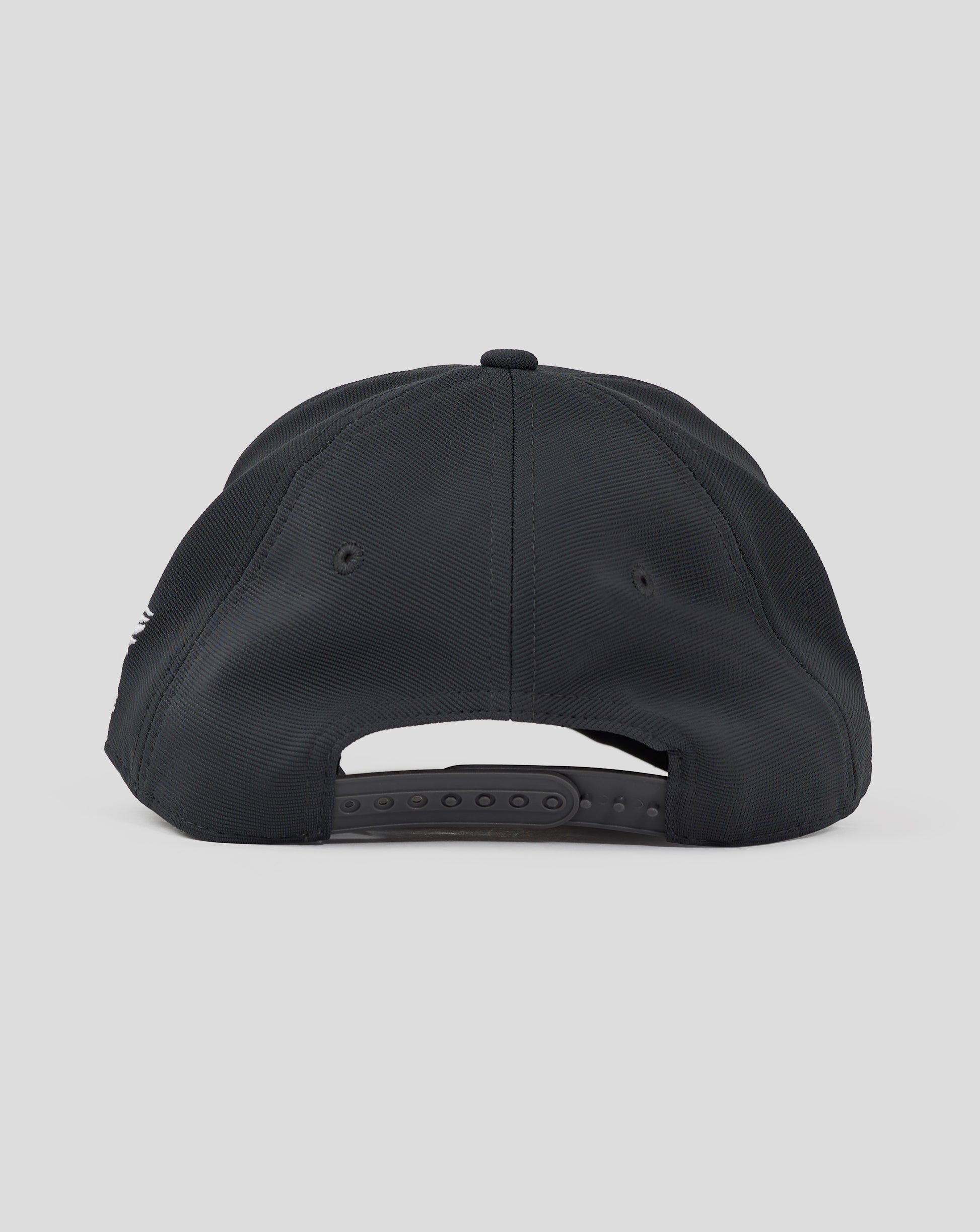 Rear view of dark slate 5 panel performance cap with a plastic snap closure and mesh peak