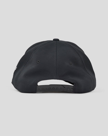 Rear view of dark slate 5 panel performance cap with a plastic snap closure and mesh peak