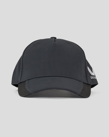 Performance Cap in dark slate with 5 panel design plastic strap snap closure and embroidered Castore logo on the side