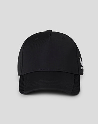 Black five panel cap with curved brim and mesh panels on the peak, Castore logo on the side.