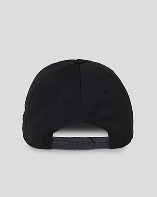 Back view of black performance cap with plastic snap closure.