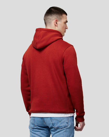 Back view of Winery red Oracle Red Bull Racing unisex core overhead hoodie showing hood and relaxed fit.
