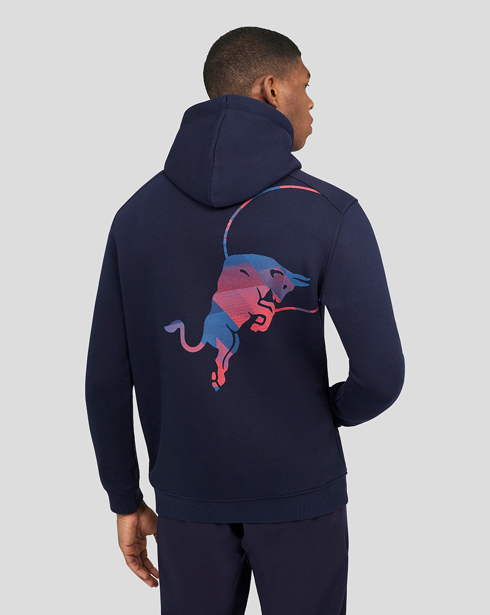 Male model from behind in navy hoodie with a large colorful bull graphic on the back