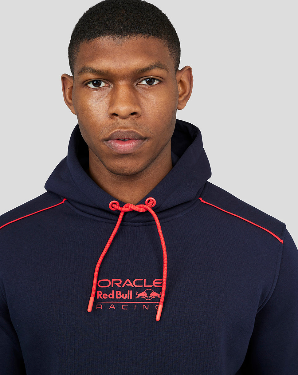 Front view of Oracle Red Bull Racing navy hoodie with red drawcord and front logo.