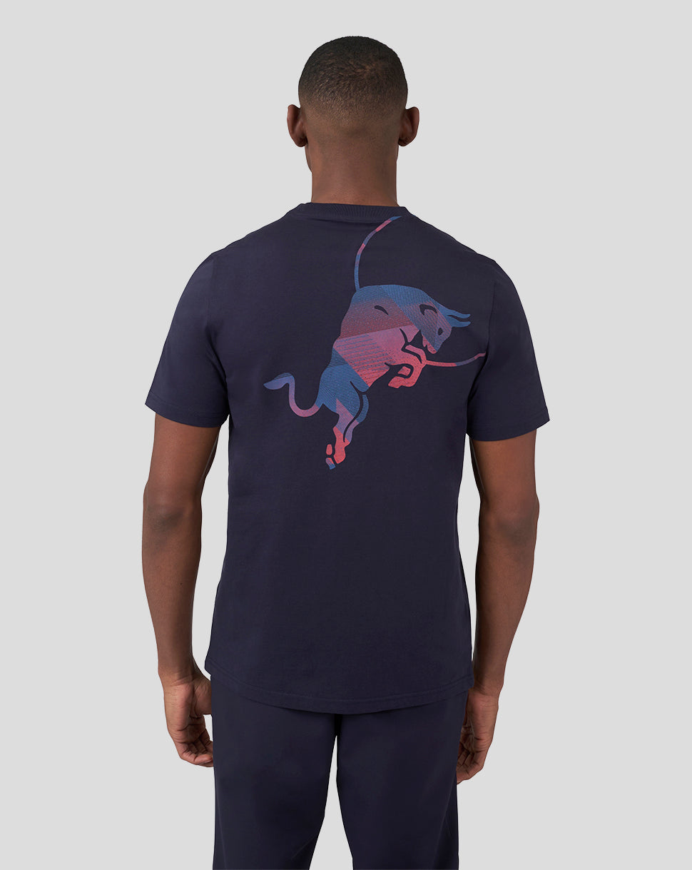 Back view of a navy T shirt featuring a large multicolor bull graphic.