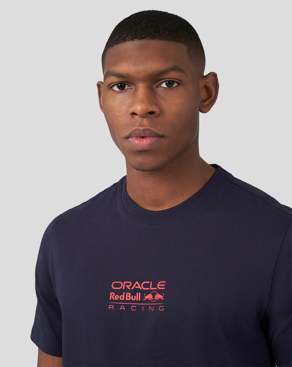 Male model wearing navy Oracle Red Bull Racing T shirt with front logo