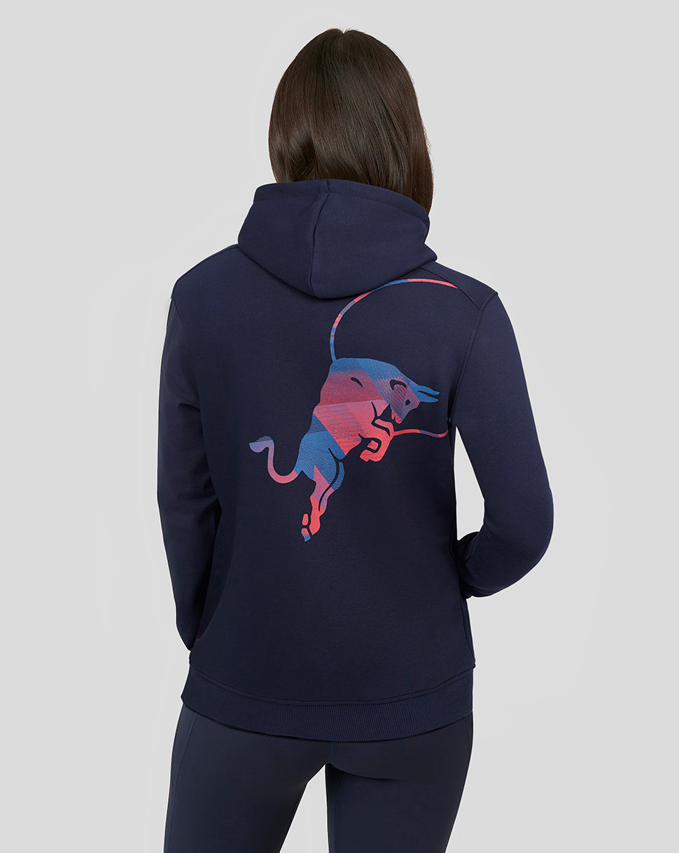 Back view of navy Oracle Red Bull Racing hoodie with a large pink and blue bull graphic on the back