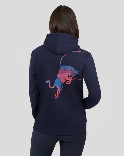 Back view of navy Oracle Red Bull Racing hoodie with a large pink and blue bull graphic on the back