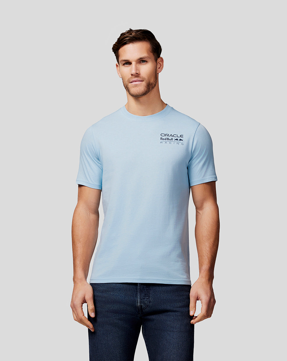 Model wearing Dream Blue Core Tee with small left chest branding