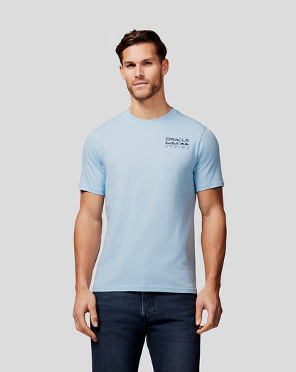 Model wearing Dream Blue Core Tee with small left chest branding