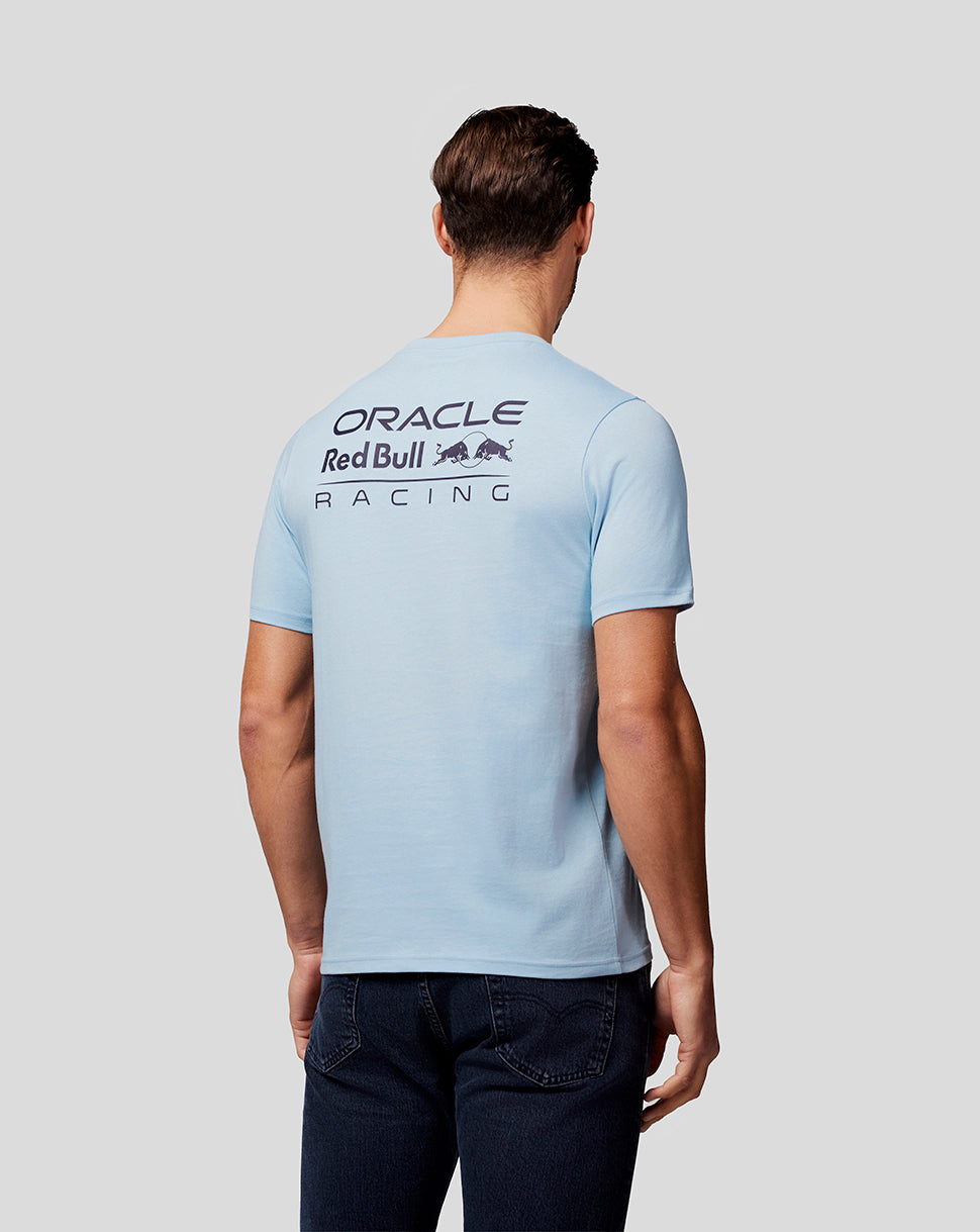 Back view of a man wearing a Dream Blue Oracle Red Bull Racing Core Tee with a large back logo.