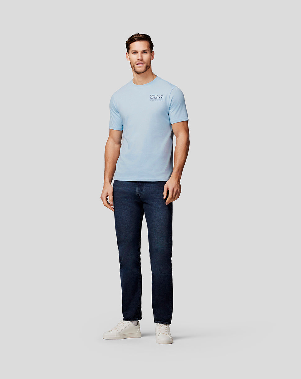 Front view of a man in a Dream Blue Oracle Red Bull Racing Core Tee with a small left chest logo.