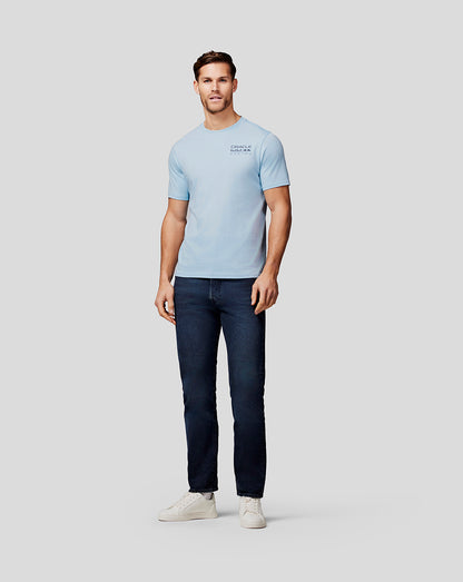 Front view of a man in a Dream Blue Oracle Red Bull Racing Core Tee with a small left chest logo.