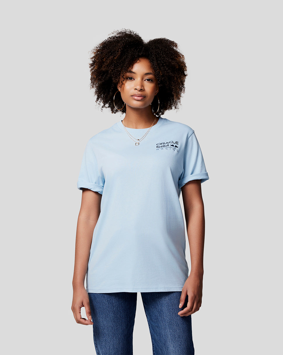 Front view of light blue Oracle Red Bull Racing Core Tee worn by model with left chest branding