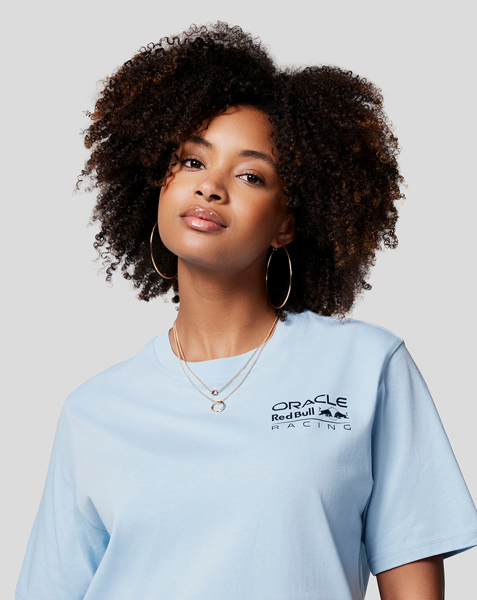 Front view of light blue Oracle Red Bull Racing Core Tee with left chest branding
