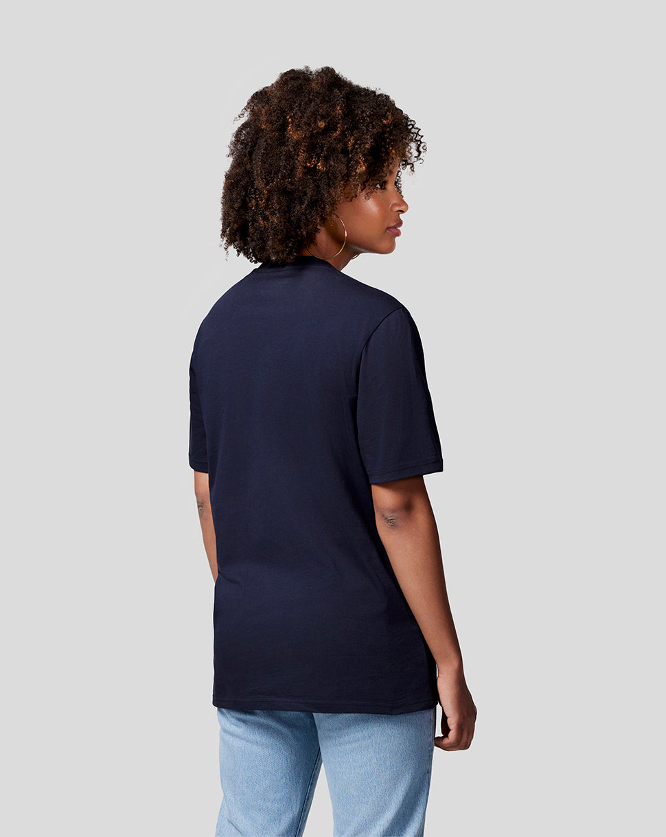 Back view of a Night Sky navy Oracle Red Bull Racing T shirt worn by a model