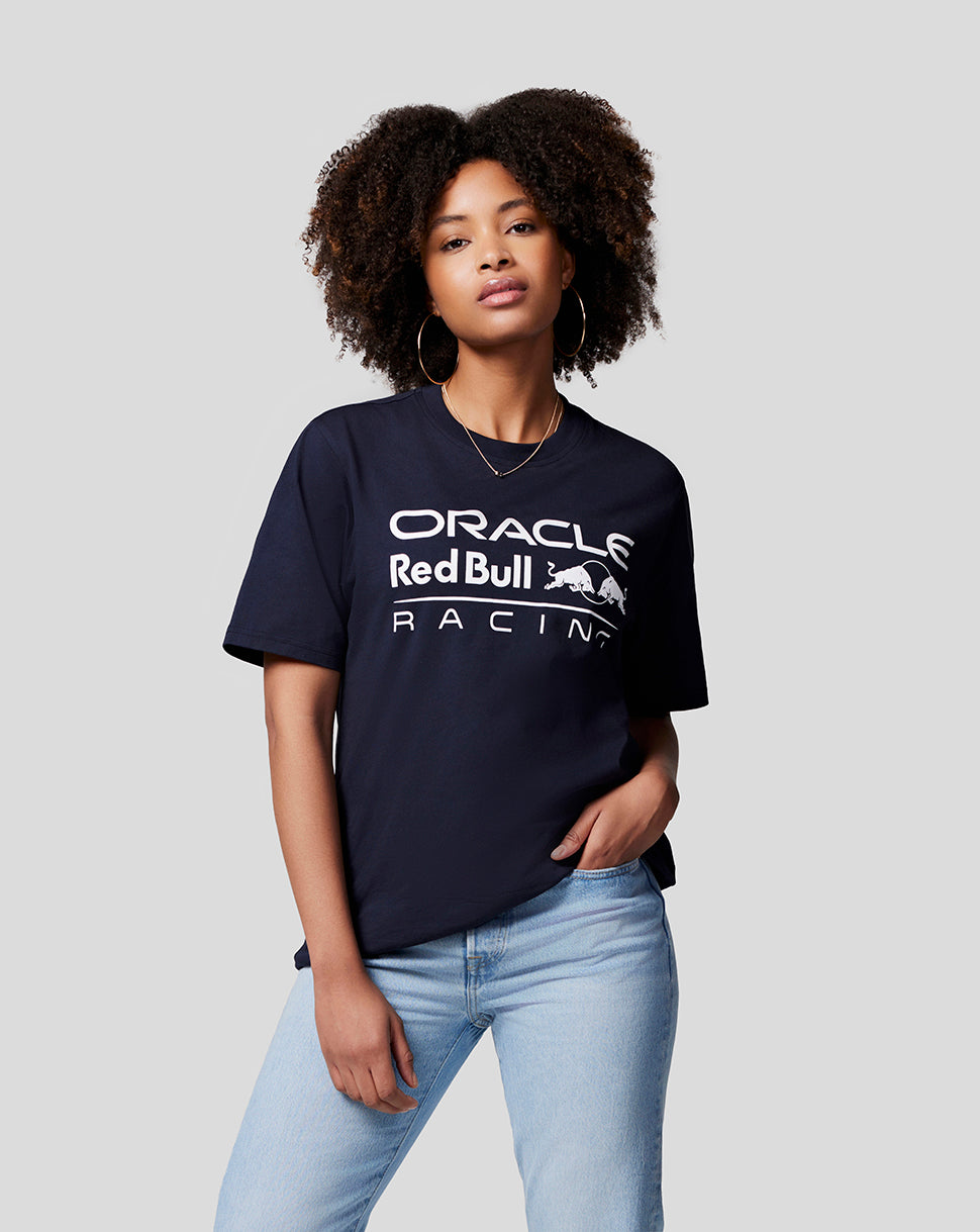 Navy Oracle Red Bull Racing T shirt with a large white front logo worn by a model