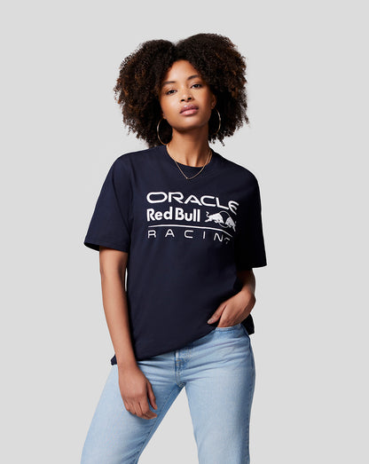 Navy Oracle Red Bull Racing T shirt with a large white front logo worn by a model