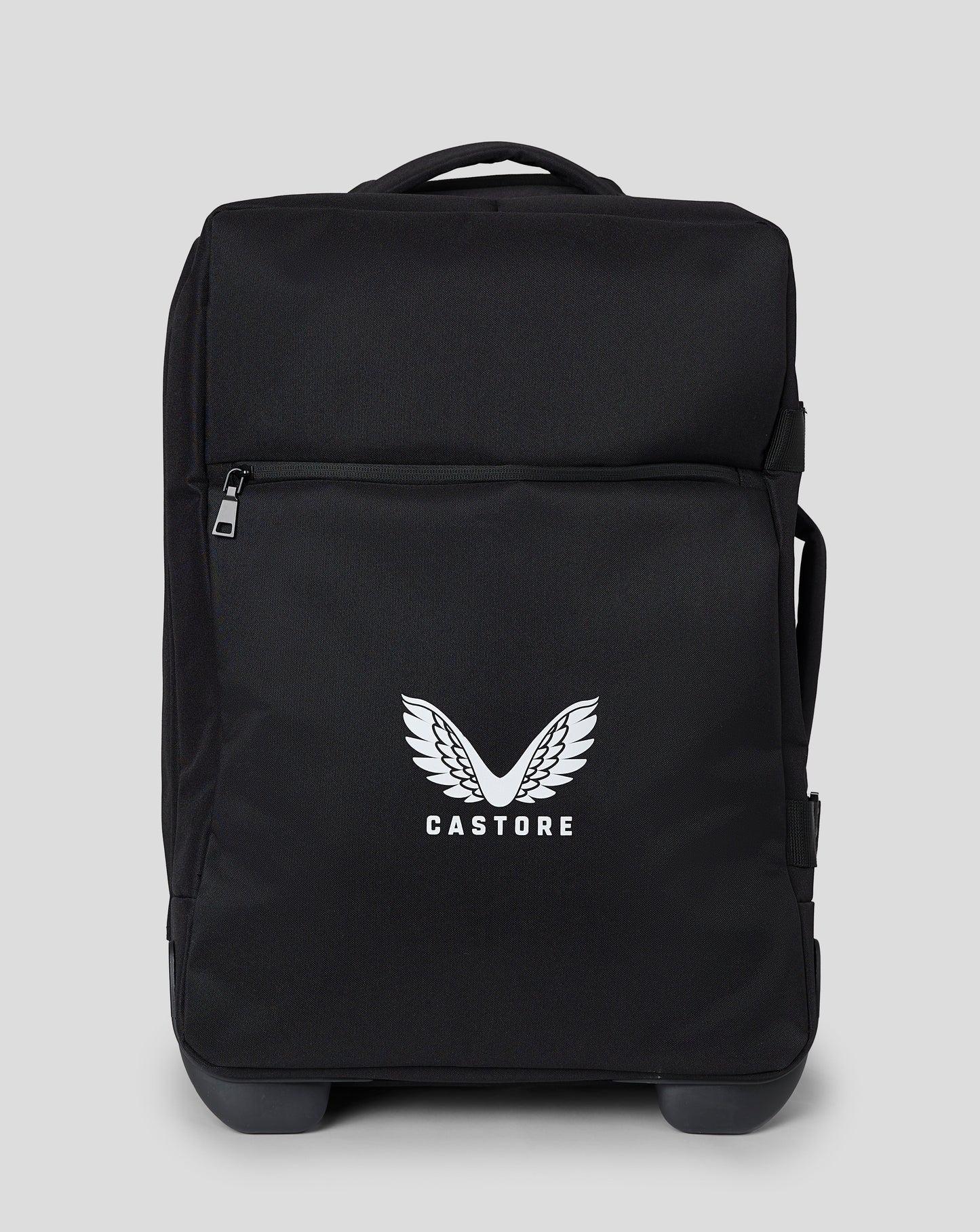 Black small wheelie bag with retractable pull handle front zip pocket four rotating wheels and padded handles
