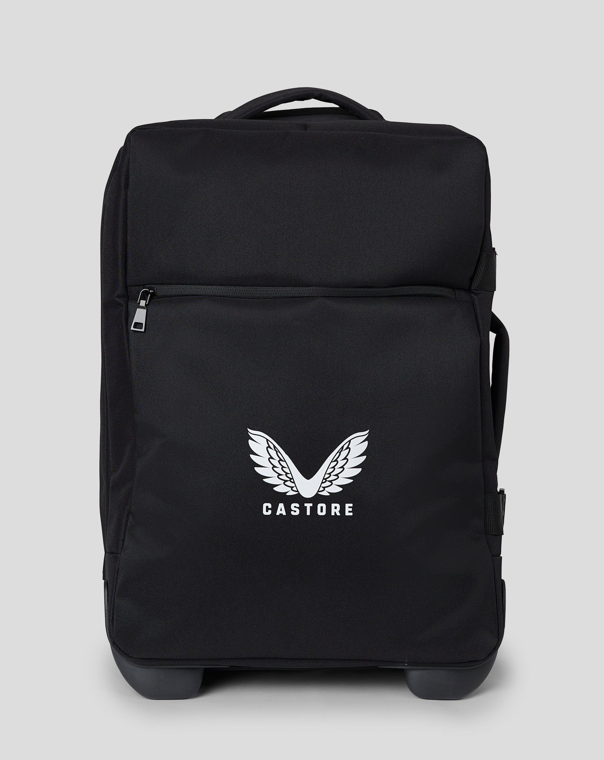 Black small wheelie bag with retractable pull handle front zip pocket four rotating wheels and padded handles