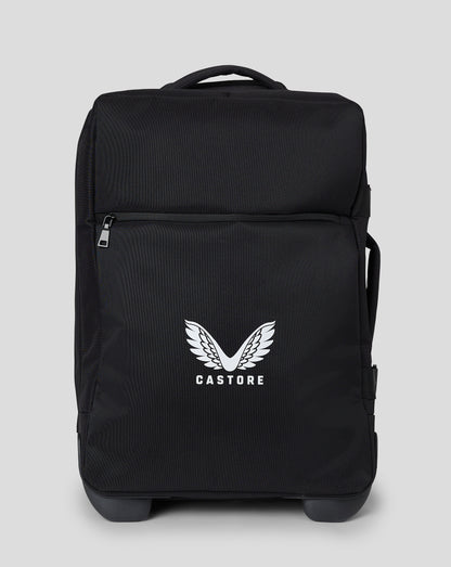 Black small wheelie bag with retractable pull handle front zip pocket four rotating wheels and padded handles