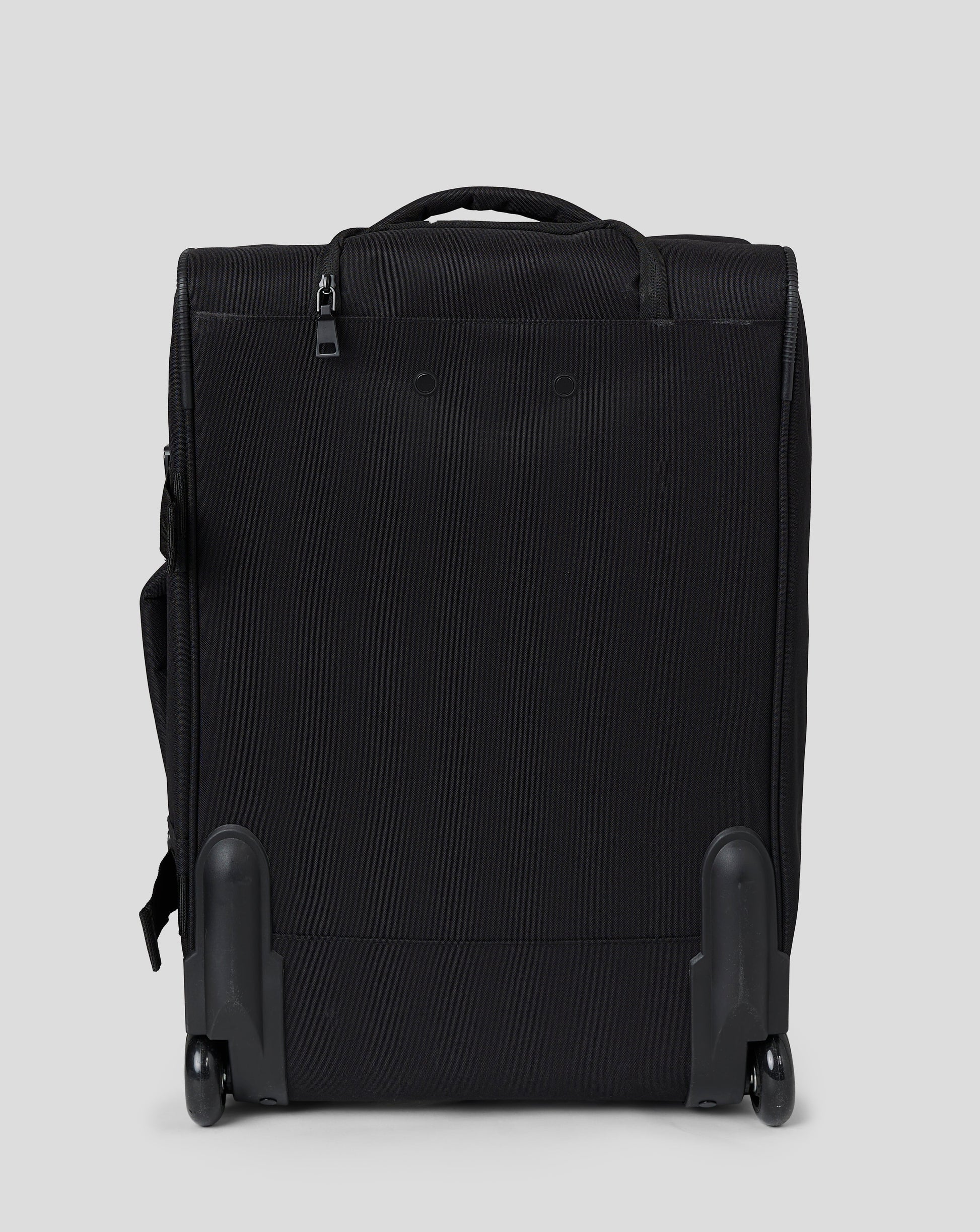 Small black wheelie bag with retractable handle front zip pocket and padded handles