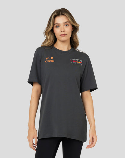 Front view of asphalt grey unisex Red Bull Racing T shirt with Zandvoort Netherlands logo on left chest and Oracle Red Bull Racing logo on right chest