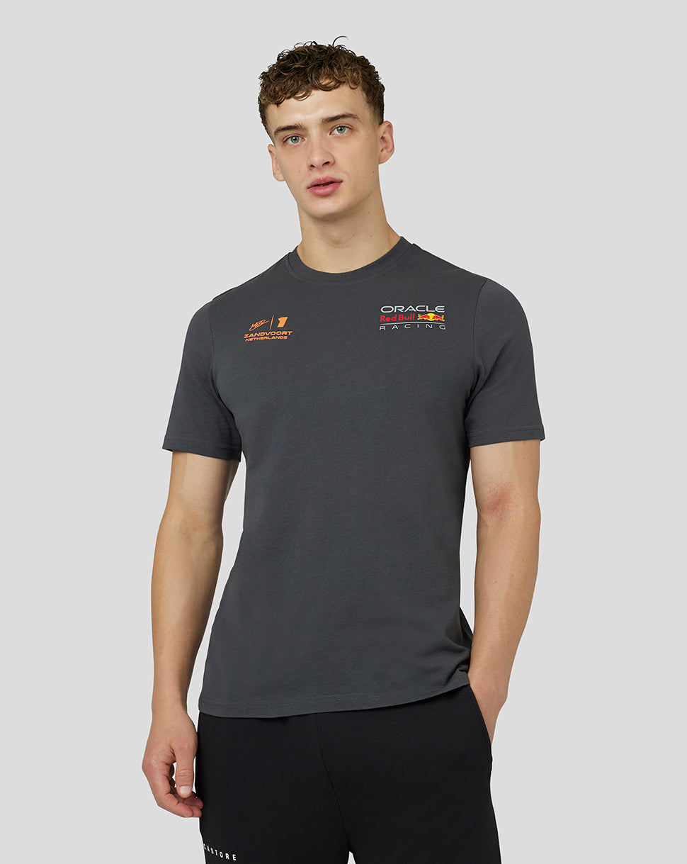 Front view of asphalt grey Red Bull Racing unisex T shirt with Zandvoort logo on left chest and Oracle logo on right chest