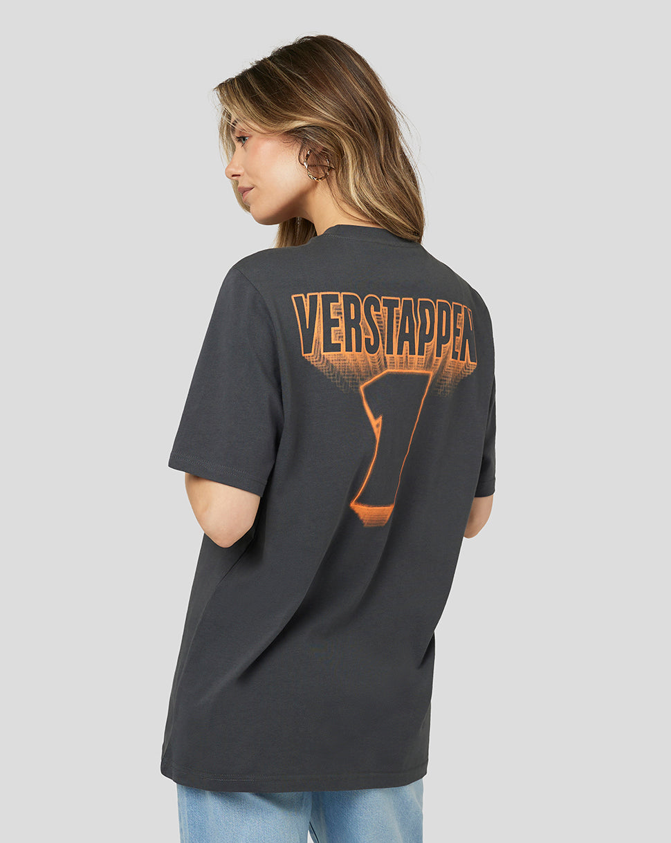 Back view of dark gray T-shirt with large orange Verstappen 1 graphic on the back