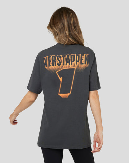 Back view of asphalt grey Red Bull Racing T shirt with Verstappen 1 graphic across the back