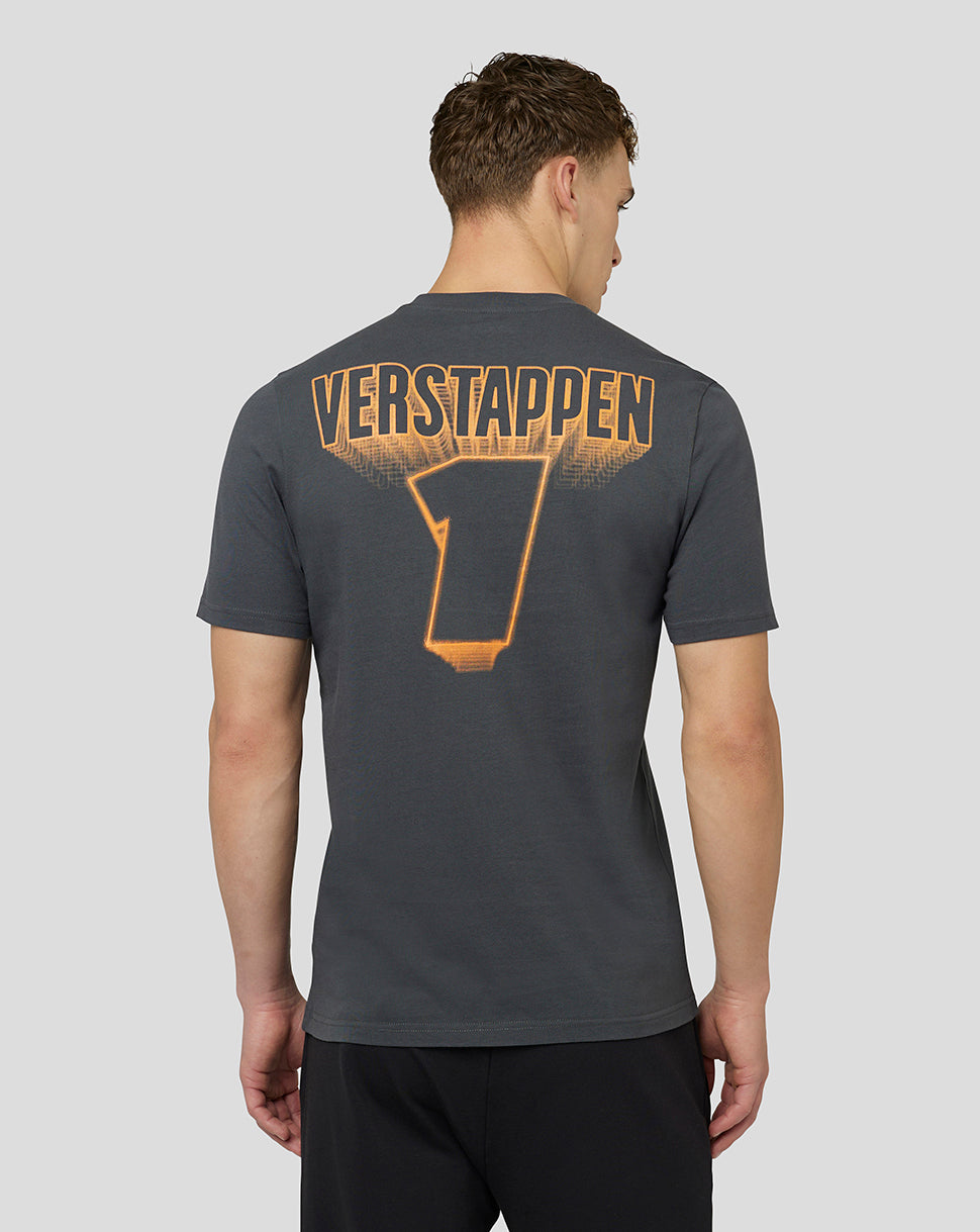 Back view of a person wearing a dark asphalt Oracle Red Bull Racing T shirt with a large Verstappen 7 graphic on the back