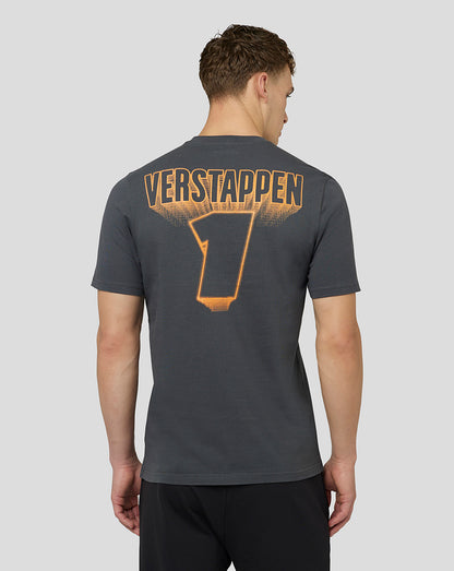 Back view of a person wearing a dark asphalt Oracle Red Bull Racing T shirt with a large Verstappen 7 graphic on the back