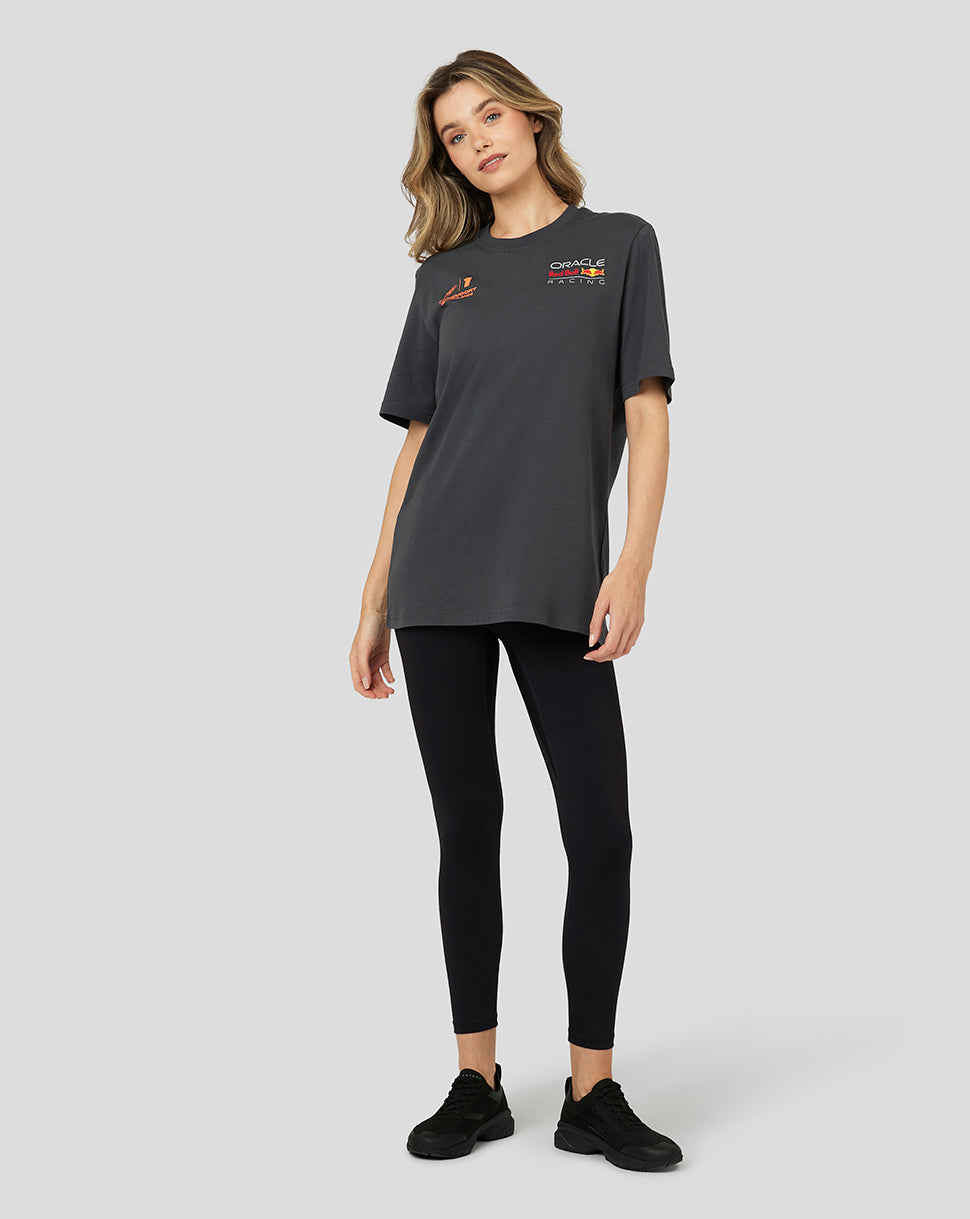 Female model in a dark asphalt Oracle Red Bull Racing T shirt with small logos on the chest