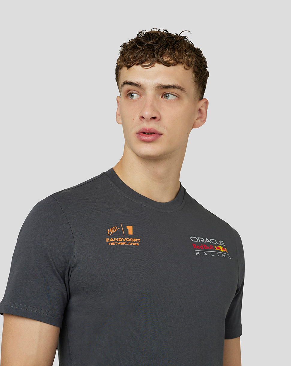 Front view of dark asphalt Oracle Red Bull Racing unisex T-shirt with Verstappen graphic and left chest logo